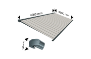 Store banne Coffre intégral PROTECT2 LED SMART Gris Anthracite 4,05x3,50m Motorisé à tél + Capteur Vent + LED - Toile Grise Rayé
