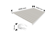 Store banne Coffre intégral PROTECT2 LED SMART Blanc 4,05x3,50m Motorisé à télécommande + Capteur Vent + LED - Toile Grise Rayée